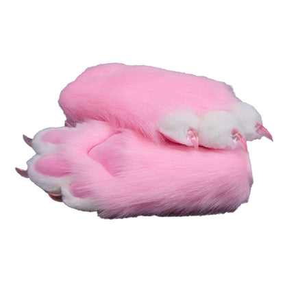 Plush cosplay paw gloves with white back fingers and pink palm pads, paired with semi-transparent black claws, soft lined furry mitts