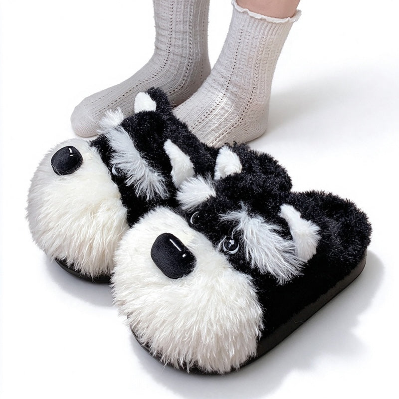 Black winter cute husky dog slippers aesthetic warm plush house shoes