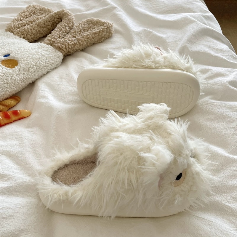 White winter plush expression cat slippers eva sole indoor house shoes
