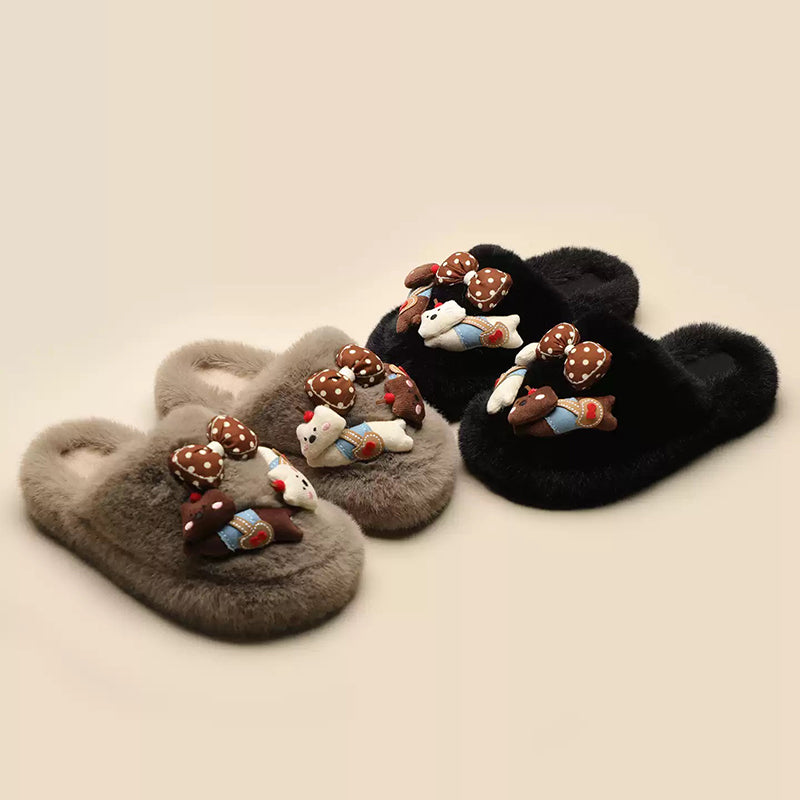 Black plush slippers decorated with a 3D bear wearing blue suspenders and a brown polka-dot bow, soft rubber sole indoor footwear
