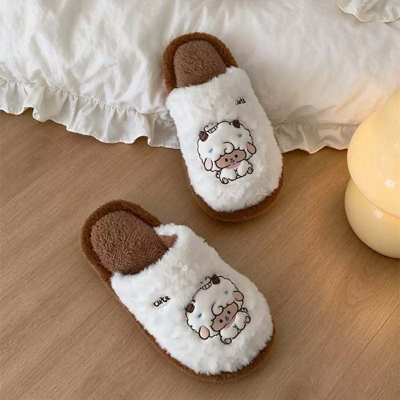 Winter cute brown embroidered sheep slippers aesthetic warm plush house shoes