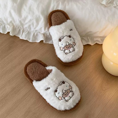 Winter cute brown embroidered sheep slippers aesthetic warm plush house shoes