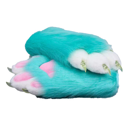 Plush cosplay paw gloves with white back fingers and pink palm pads, paired with semi-transparent black claws, soft lined furry mitts