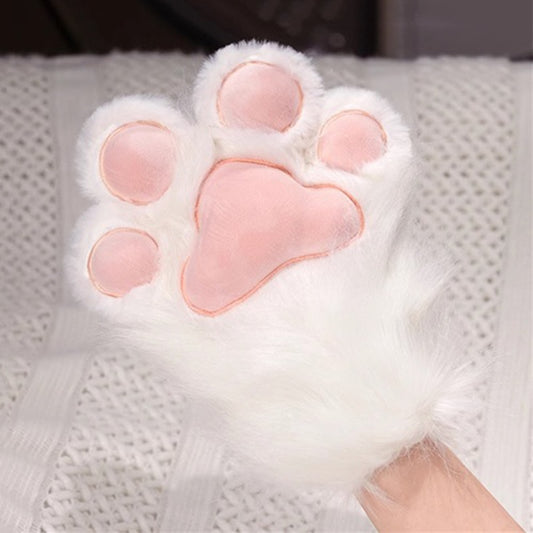 Pure white furry cat paw mitts with a realistic pink main pad and soft inner lining, lightweight theatrical character gloves