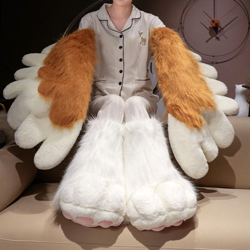 Brown long-pile fur cat paw performance gloves with a detailed heart-shaped pink pad, cozy fabric lined theatrical mitts