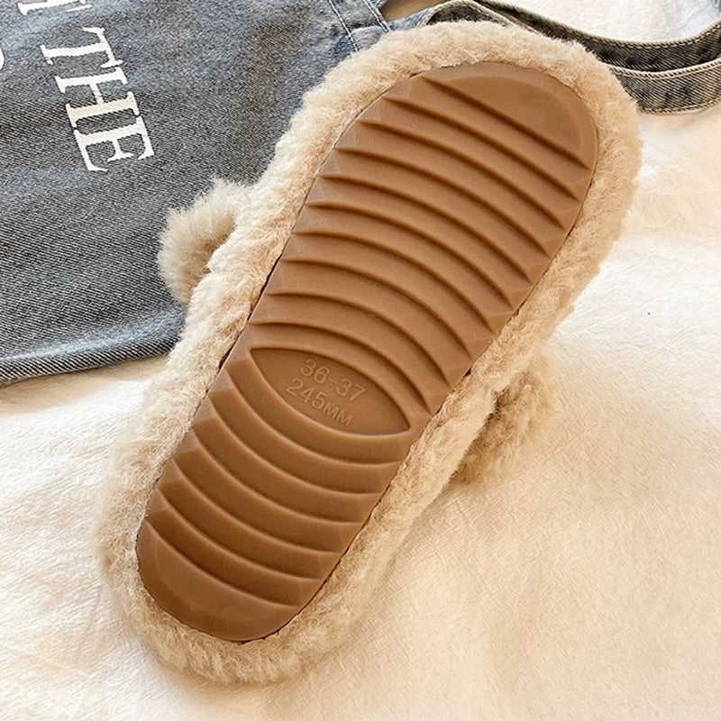 Khaki fuzzy plush slippers designed with a chunky bear nose and floppy ears, classic plaid lining for cozy indoor home wear