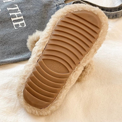 Khaki fuzzy plush slippers designed with a chunky bear nose and floppy ears, classic plaid lining for cozy indoor home wear