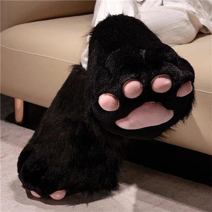 Full black plush cat paw cosplay boots with soft pink bean details and a suede outsole, tall animal character footwear with fabric lining