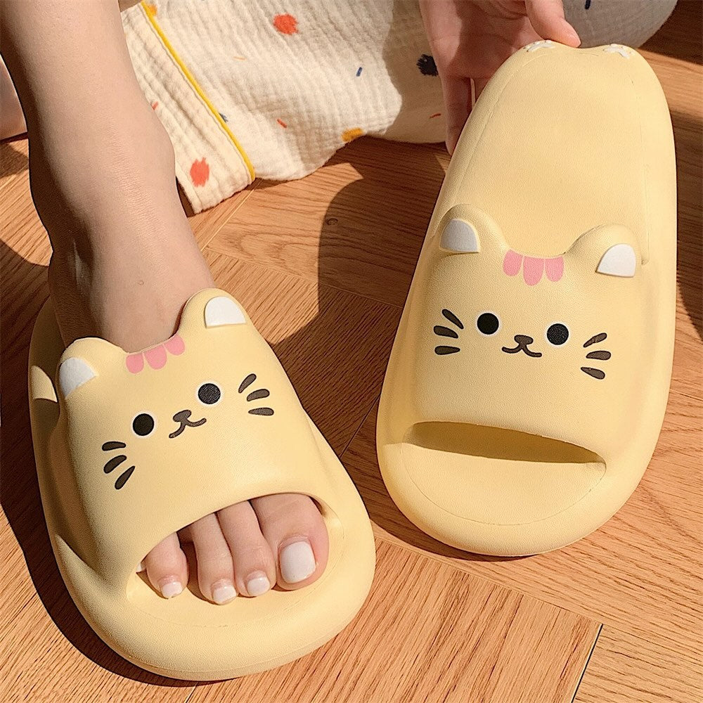 Cute yellow cat EVA slide sandals with 3D ears and pink bow, printed face indoor shoes with EVA sole