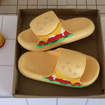 Cute yellow burger design EVA slide sandals with layered toppings and sesame bun, lightweight all-EVA indoor shoes