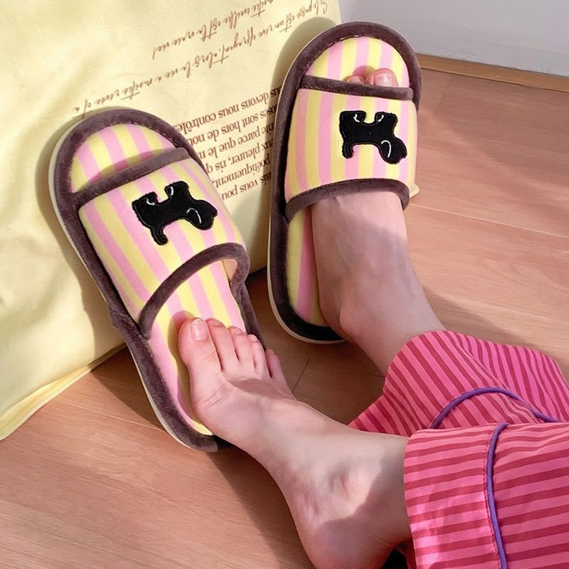 Cute pink striped dog design slippers with black dog silhouette and brown trim, indoor shoes with EVA sole
