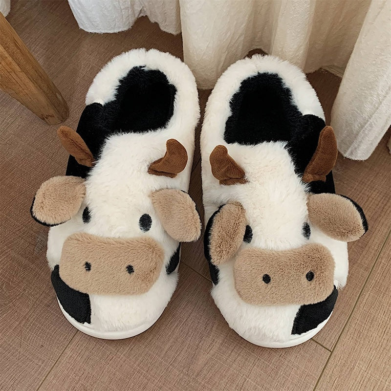 Cute white and black cow plush slide slippers with brown horns and big nose, fuzzy indoor shoes with TPR sole