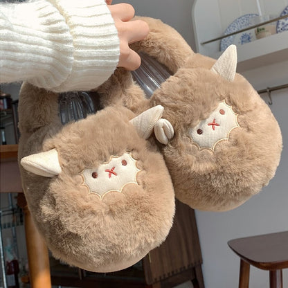 Cute light brown fluffy sheep bootie slippers with stitched face and small horns, closed-back fuzzy indoor shoes with EVA sole