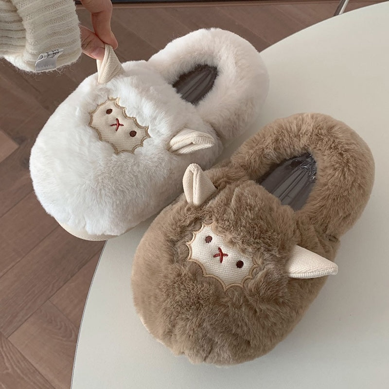 Cute milky white fluffy sheep bootie slippers with stitched face and small horns, closed-back fuzzy indoor shoes with EVA sole