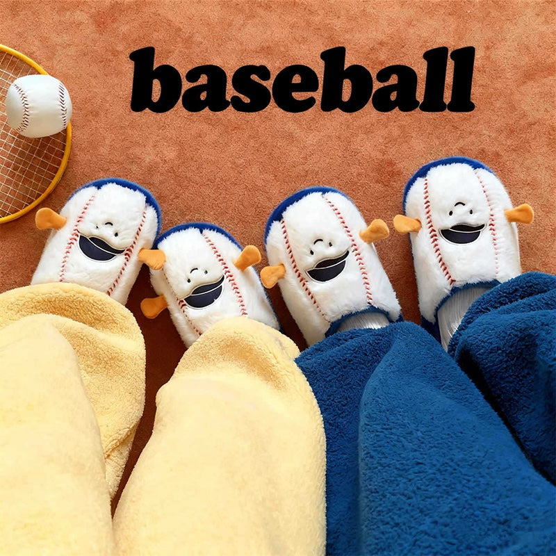 Cute white baseball character plush slippers with red stitches, black cap, and blue trim, fuzzy indoor shoes with EVA sole
