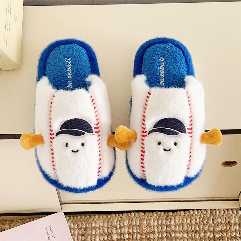 Cute white baseball character plush slippers with red stitches, black cap, and blue trim, fuzzy indoor shoes with EVA sole
