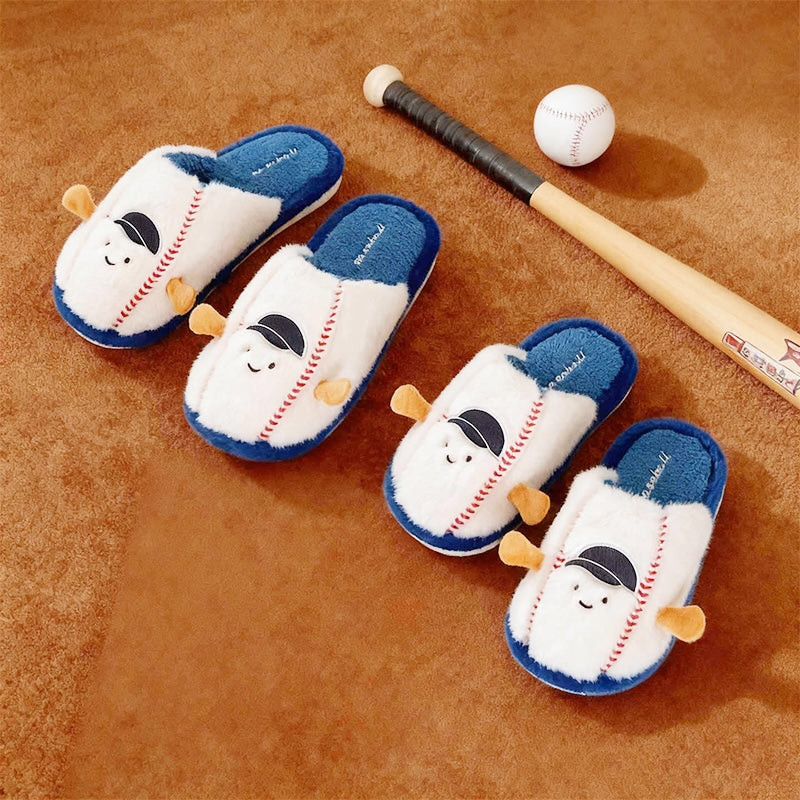 Cute white baseball character plush slippers with red stitches, black cap, and blue trim, fuzzy indoor shoes with EVA sole