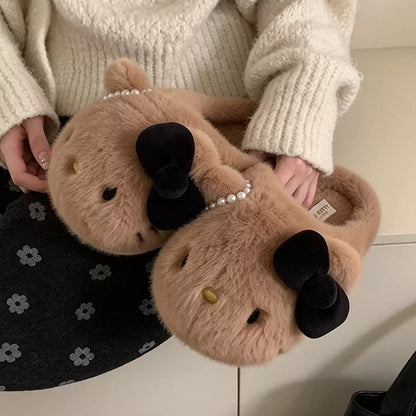 winter brown pearl bow cute hello kt cat slippers aesthetic warm plush house shoes