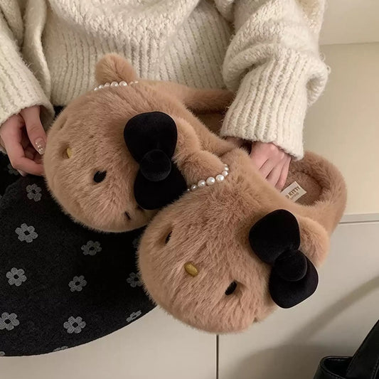 winter brown pearl bow cute hello kt cat slippers aesthetic warm plush house shoes