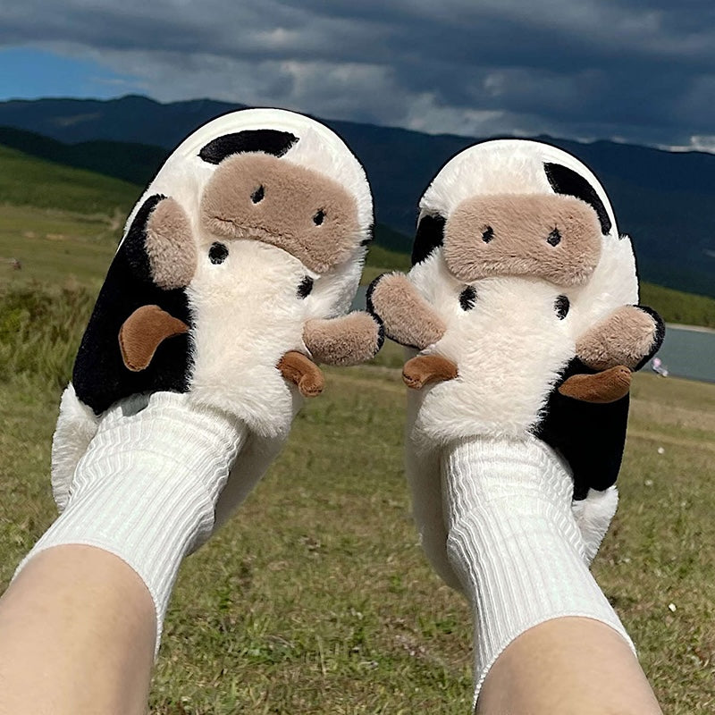 Cute white and black cow plush slide slippers with brown horns and big nose, fuzzy indoor shoes with TPR sole
