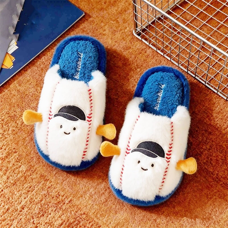 Cute white baseball character plush slippers with red stitches, black cap, and blue trim, fuzzy indoor shoes with EVA sole