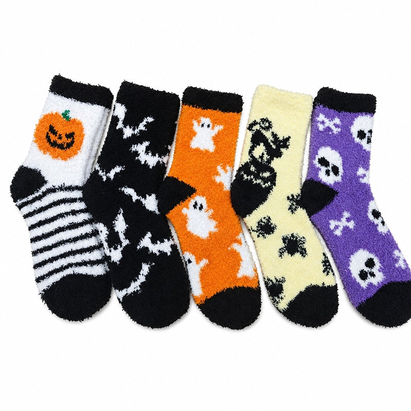 winter halloween 5 pairs pumpkin bats ghosts spiders skulls coral fleece socks