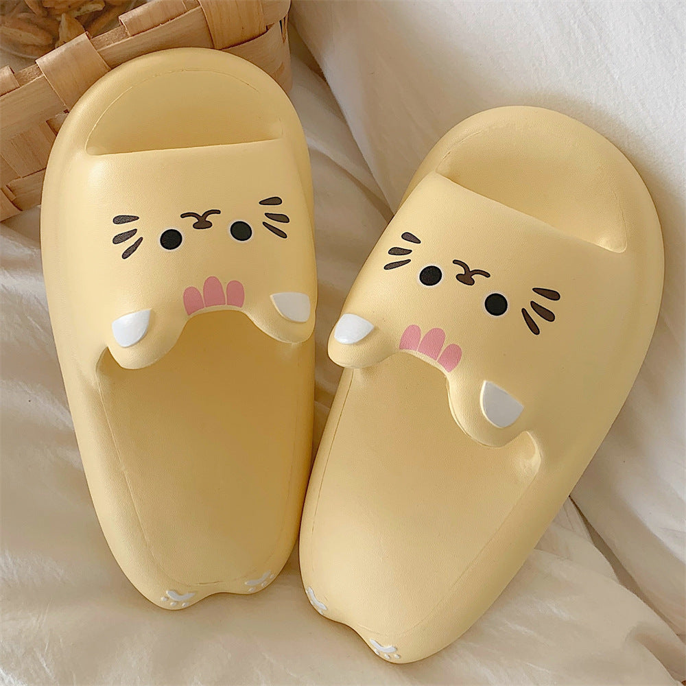 Cute yellow cat EVA slide sandals with 3D ears and pink bow, printed face indoor shoes with EVA sole