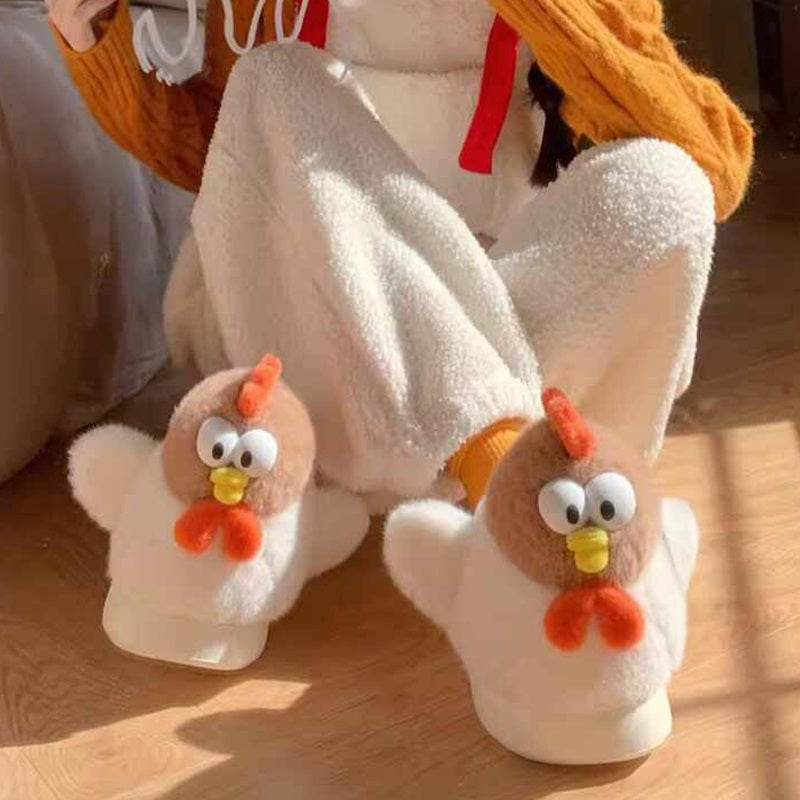White cartoon chicken design plush slippers featuring large eyes and a vibrant orange comb, soft indoor footwear with EVA sole